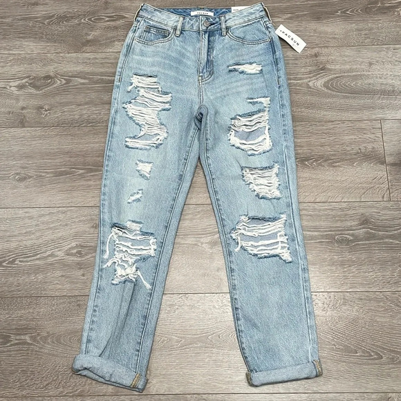 NWT PacSun Mom Jeans High Rise Elvira Light Wash Distressed Destroyed 24 - Picture 7 of 16